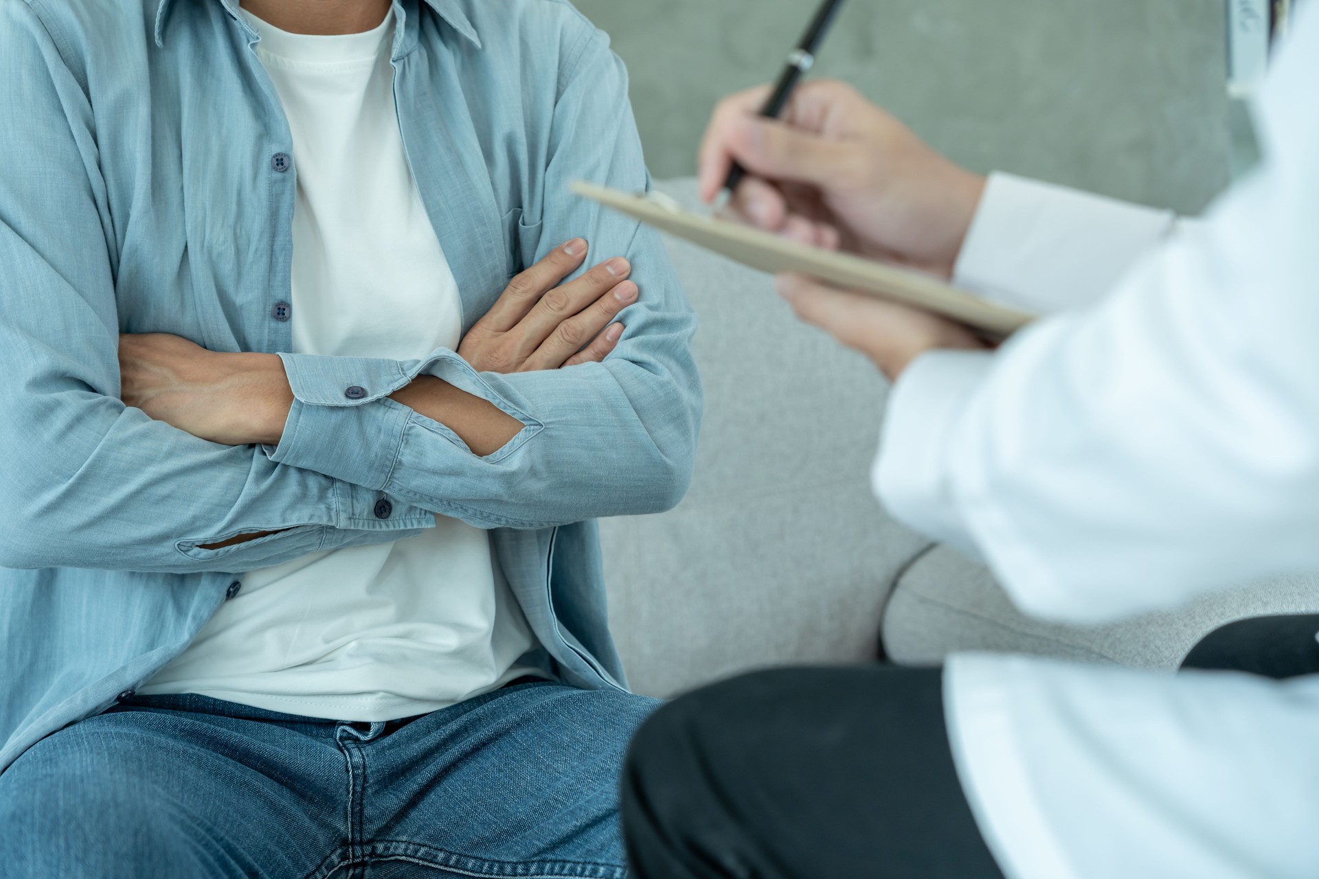 man with mental health problems is consulting. psychiatrist is recording the patient's condition for treatment. encouragement, love and family problem, bipolar , depression patient, protect suicide